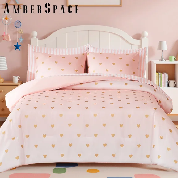 Amberspace gold foil Design 5-piece Bed in a Bag Comforter Set with Sheets,Pink Gold Heart,Twin