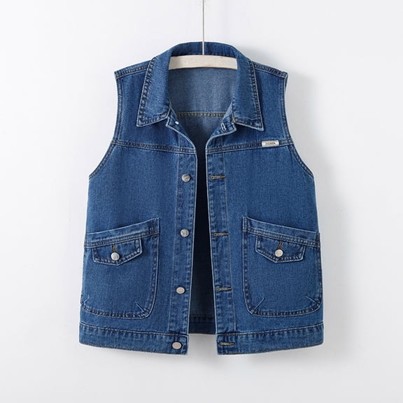 Cmfcve Women's Denim Vest Jacket Casual Sleeveless Waistcoat Summer Distressed Casual Loose Fit Jean Shirts with Pockets