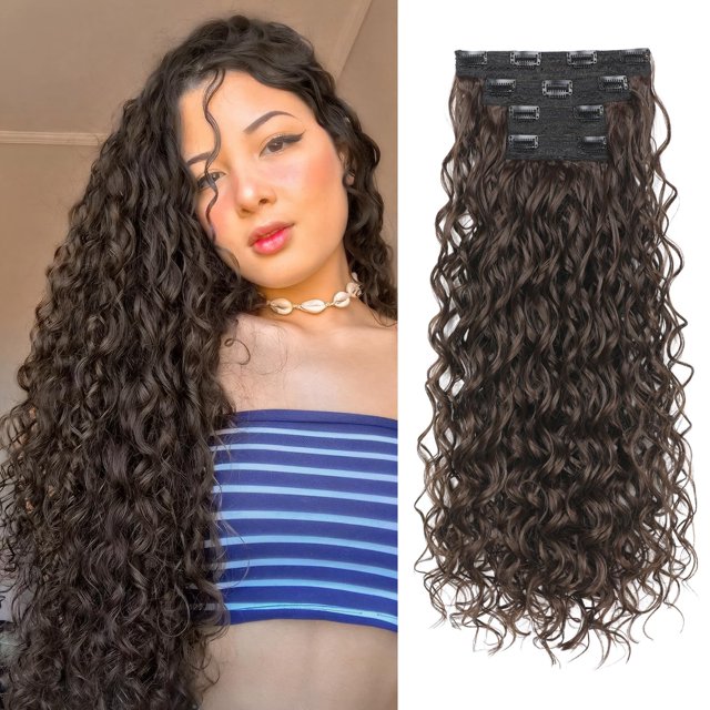 Extensiones de cabello REECHO Curly, 60 cm, marrón chocolate, 4 unidades