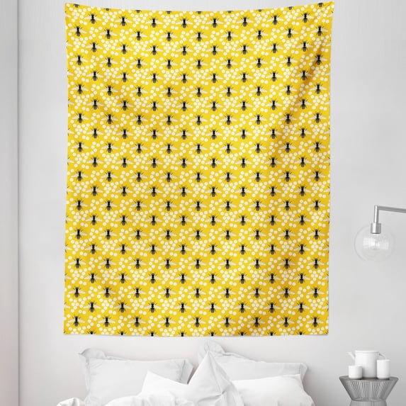 Queen Bee Tapestry, Repeating Continuous Print of Striped Buzzing Flies, Fabric Wall Hanging Decor for Bedroom Living Room Dorm, 5 Sizes, Mustard Charcoal Grey, by Ambesonne