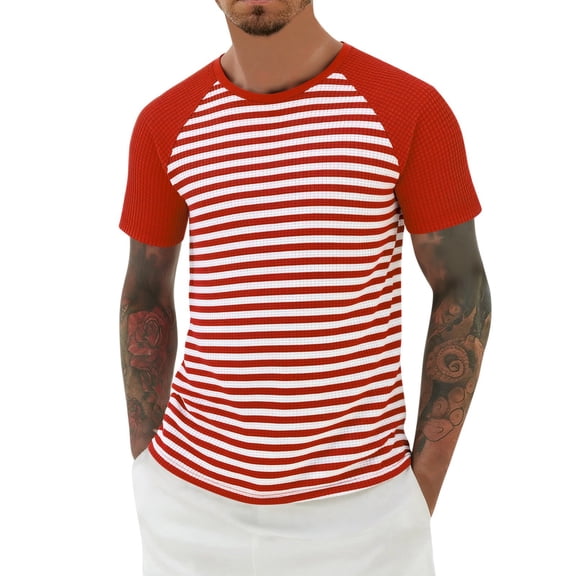 IWRICH Men's Waffle Strip Short Sleeve T Shirts Couples Summer Lightweight Striped Tee Casual Crewneck Athletic Gym Workout Top for Unisex Red XS