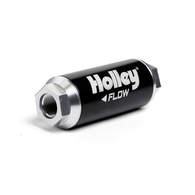 Holley Performance Fuel Filter 162-572 Dominator; In-Line; -12 AN Inlet/Outlet; 2 Inch Diameter x 5-1/2 Inch Length; 100 Micron Stainless Steel Woven Mesh Element; Black Anodized; Billet Aluminum