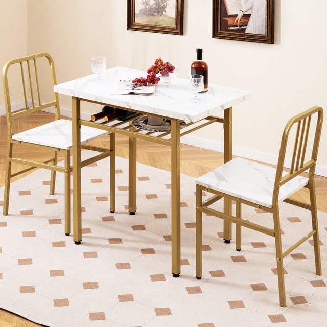 Gymax 3-Piece Rectangular Dining Table&Chairs Set Wooden Breakfast Nook w/Storage Rack White & Gold