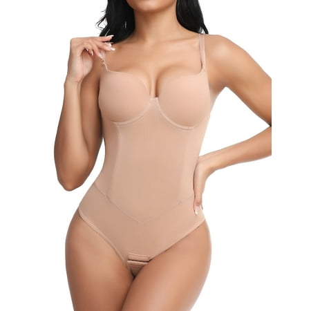 MANIFIQUE Thong Shapewear Bodysuit for Women Tummy Control Slim Body Shaper V Neck Faja with Built-in Bra
