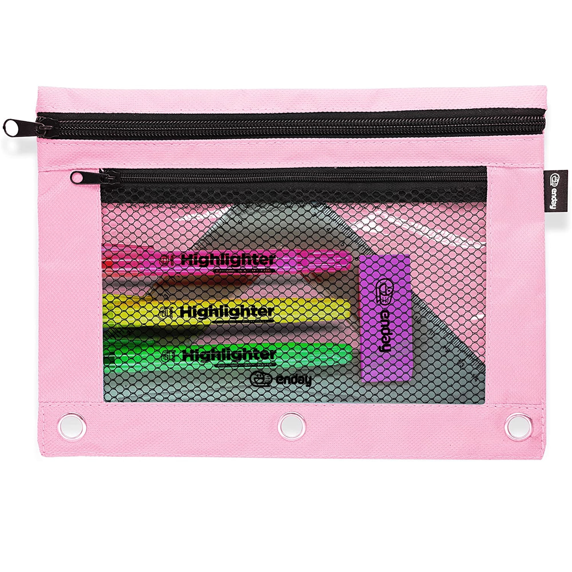 Enday 3 Ring Binder Large Pencil Pouch Mesh Bag Cosmetic Case, Pink 1