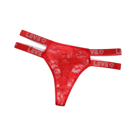 Virmaxy Alluring See Through Seamless Thongs for Women Ladies Lace Alluring Hollow Out Mesh Breathable Letter Waistband Thong Panties Red M