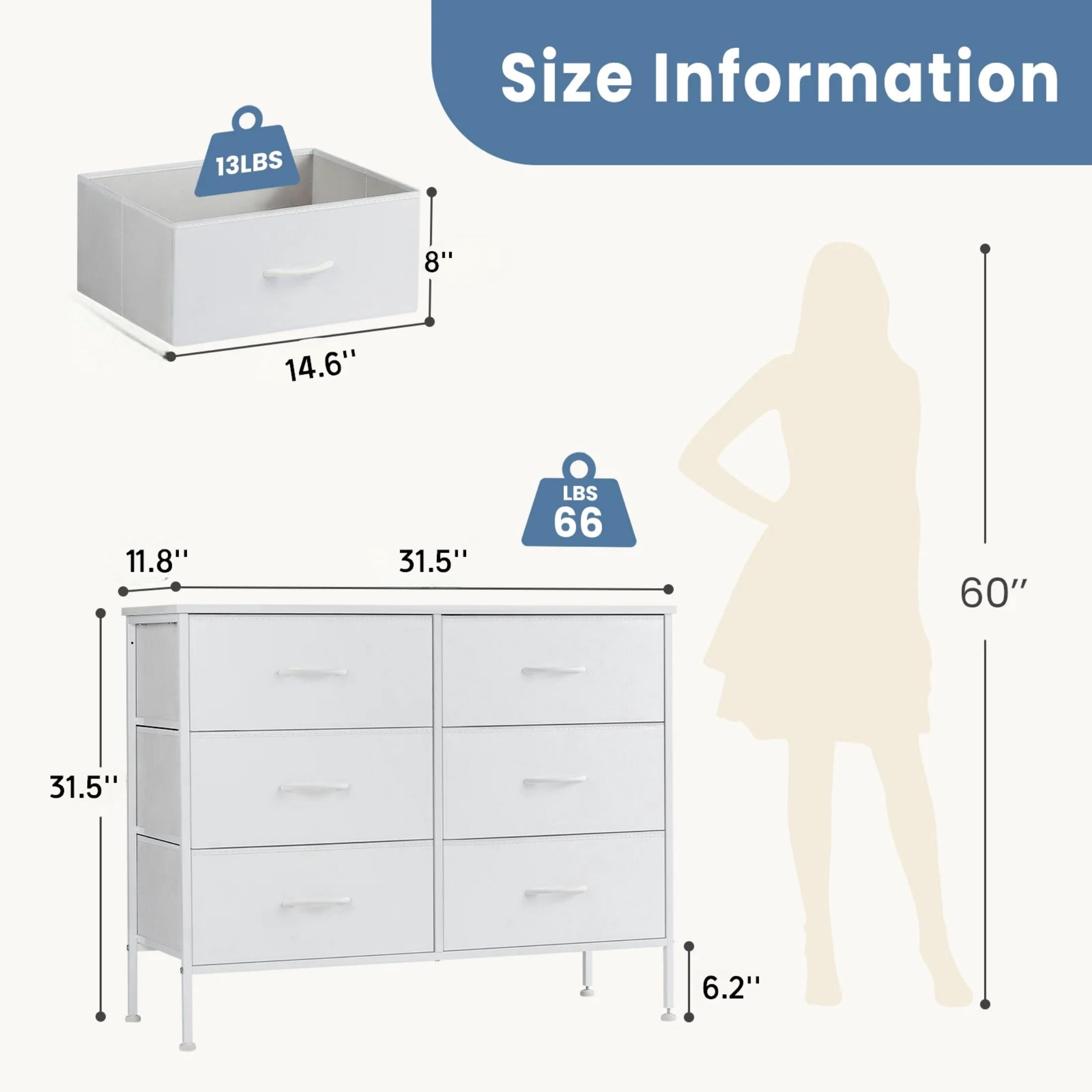 CONCETTA 6-Drawer Fabric Dresser Storage Chest for Bedroom, Closet, Storage Furniture for Adults, White