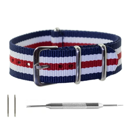 Navy Regimental - Red, White & Navy Regimental Striped (5 Stripes) Ballistic Nylon NATO Watchband + Spring Bar Tool (20 & 22mm)