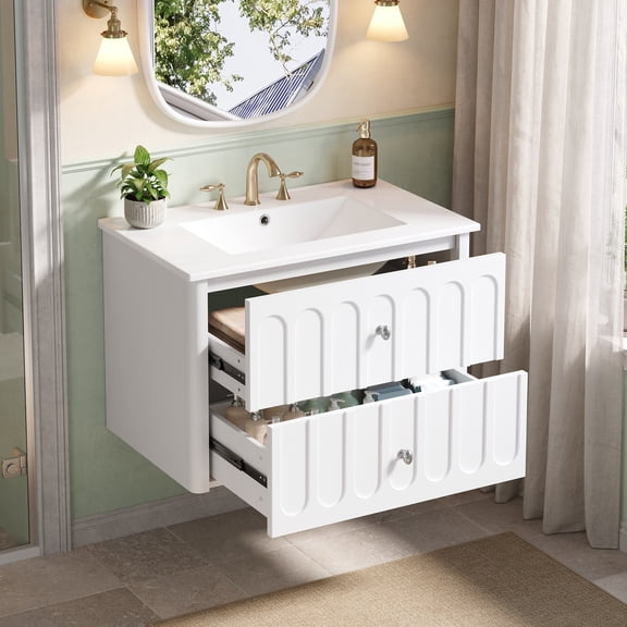 DRNANLIT 30" Modern Floating Bathroom Vanity with Ceramic Sink, Soft-Close Drawers & Oval Knobs, Wall-Mounted, White