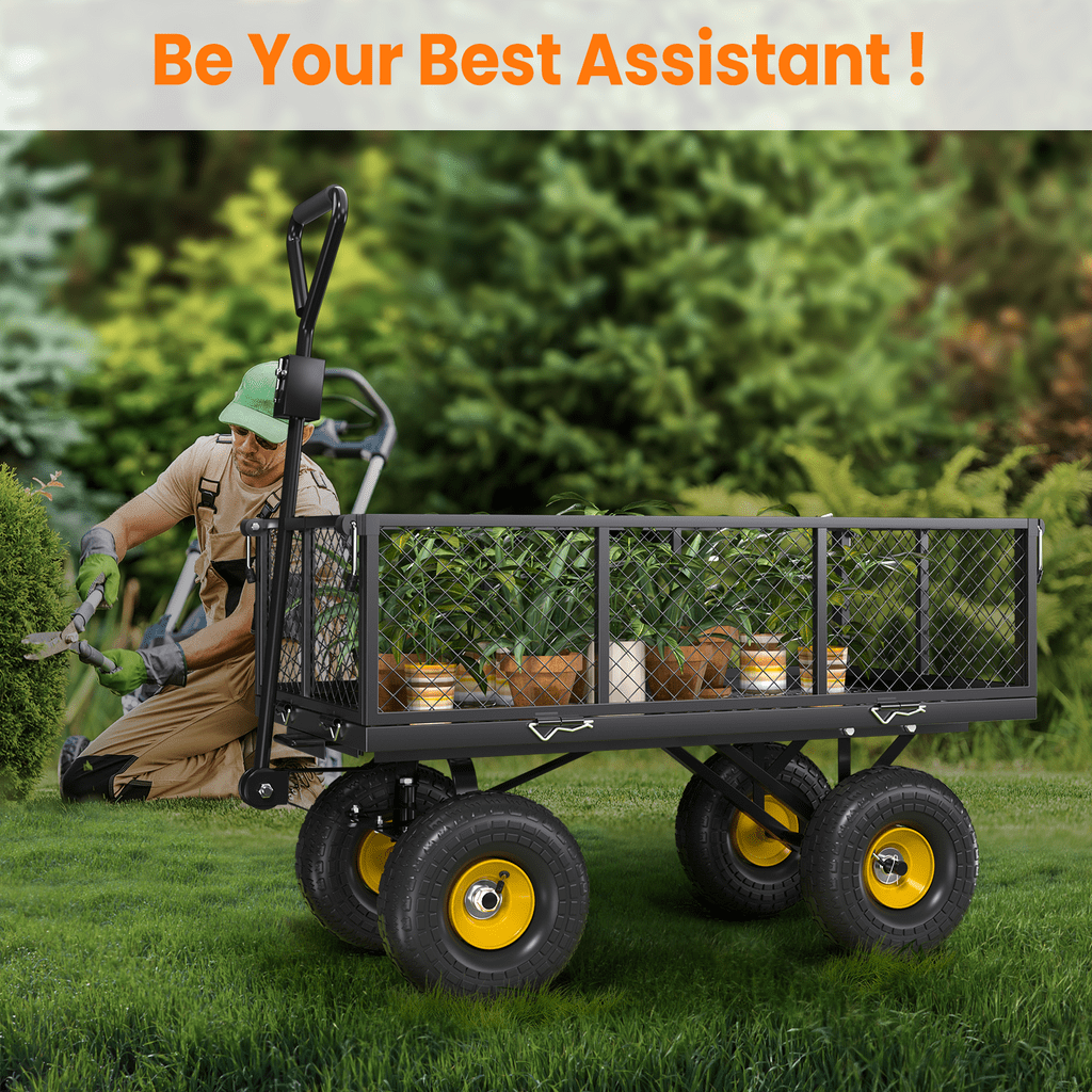VECUKTY Heavy Duty Steel Dump Garden Cart with Liner, 900lbs Wagon 3 Cu ft 10" Wheel, Black