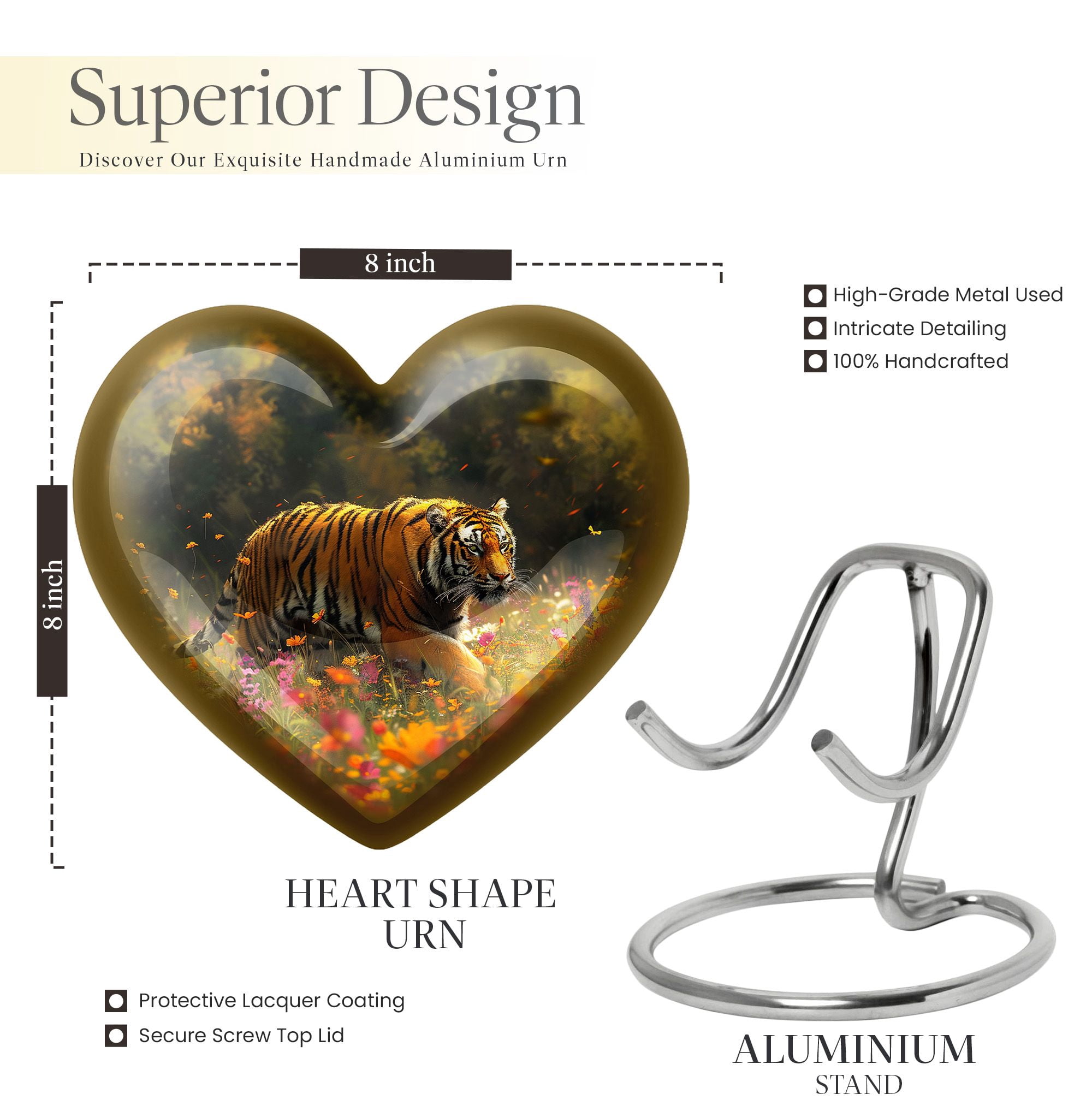 Floral Tiger Cremation Urn For Human Ashes, Large Heart Urns For Human Ashes Adult Male, Burial Urns For Adult Human Ashes, Heart Urn, Decorative Urn, Ash Holders For Human Ashes 8 Inch