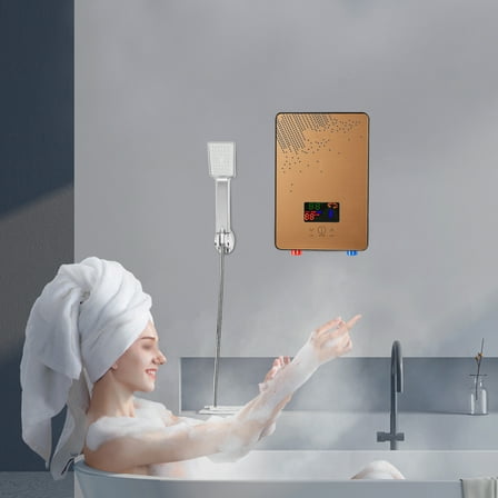 Instant Electric Water Heater - 4500W Tankless System with Constant Temperature, LED Display, Safety Features, and Shower Kit, Gold