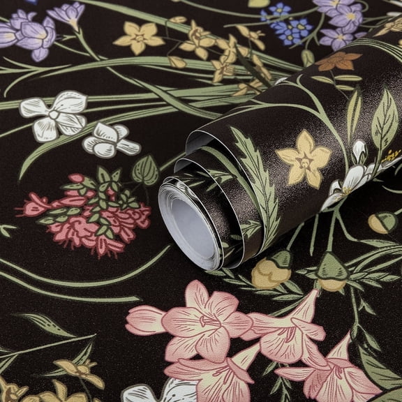 Abyssaly Floral Peel and Stick Wallpaper 17.7" x 118" Black Flower Wallpaper Self-Adhesive Removable Contact Paper for Bedroom Kitchen Living Room