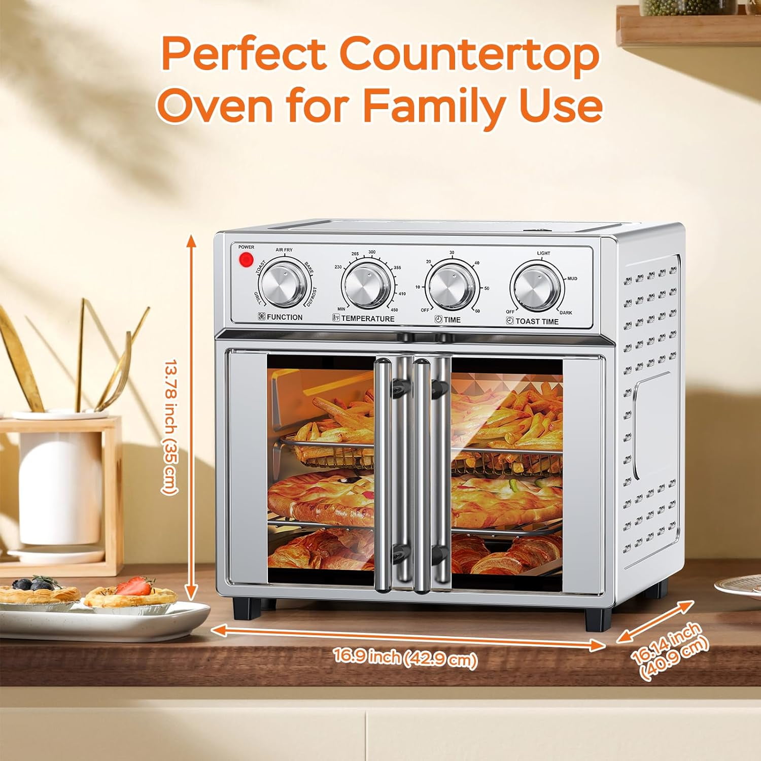PlumChef 26QT Large capacity French Double-Door Air Fryer Convection Toaster Oven, 1700W,7 Preset Menus,7-in-1 Multi-Function for Bake, Roast, Grill, Toast, Dehydrate Defrost, Stainless Steel