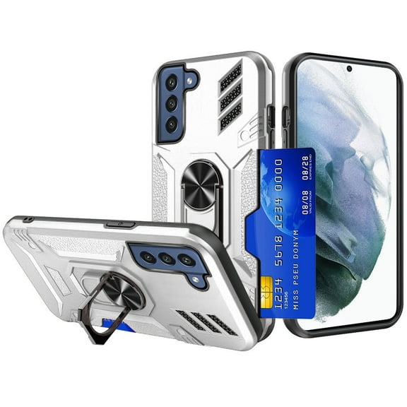 Tough Ring Holder Case with Card Slot for Samsung Galaxy S22 5G - Silver