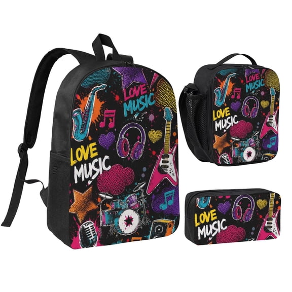 Music Instruments Backpack Set 3pc Including Backpack, Lunch Bag and Pen Bag Combination