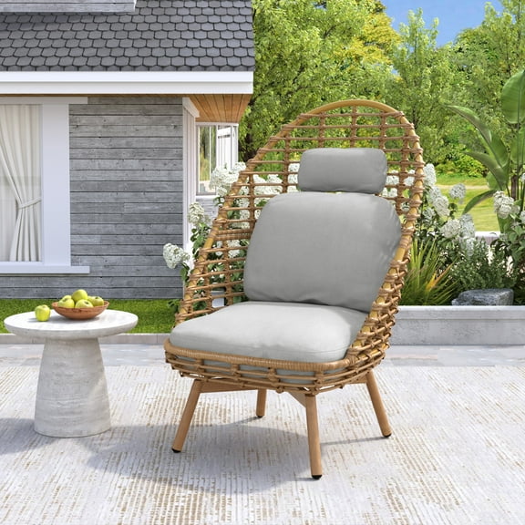 Christopher Knight Home Bohemian Rattan Outdoor Swivel Egg Chair, Lounge Chair with High Back, Beige Cushion