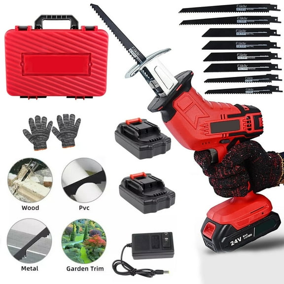24V MAX Cordless Reciprocating Saw with 2 Batteries & Fast Charger, 8 Blades - Lightweight Electric Hand Saw for Wood, Metal, PVC Cutting (Red)