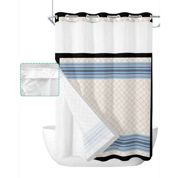 No Hook Shower Curtain with Snap in Liner, Abstract Plaid and Striped Geometric Retro Linen Hotel Shower Curtains for Bathroom, Washable Shower Curtain Liner Set with Mesh Top Window, 48"x72"