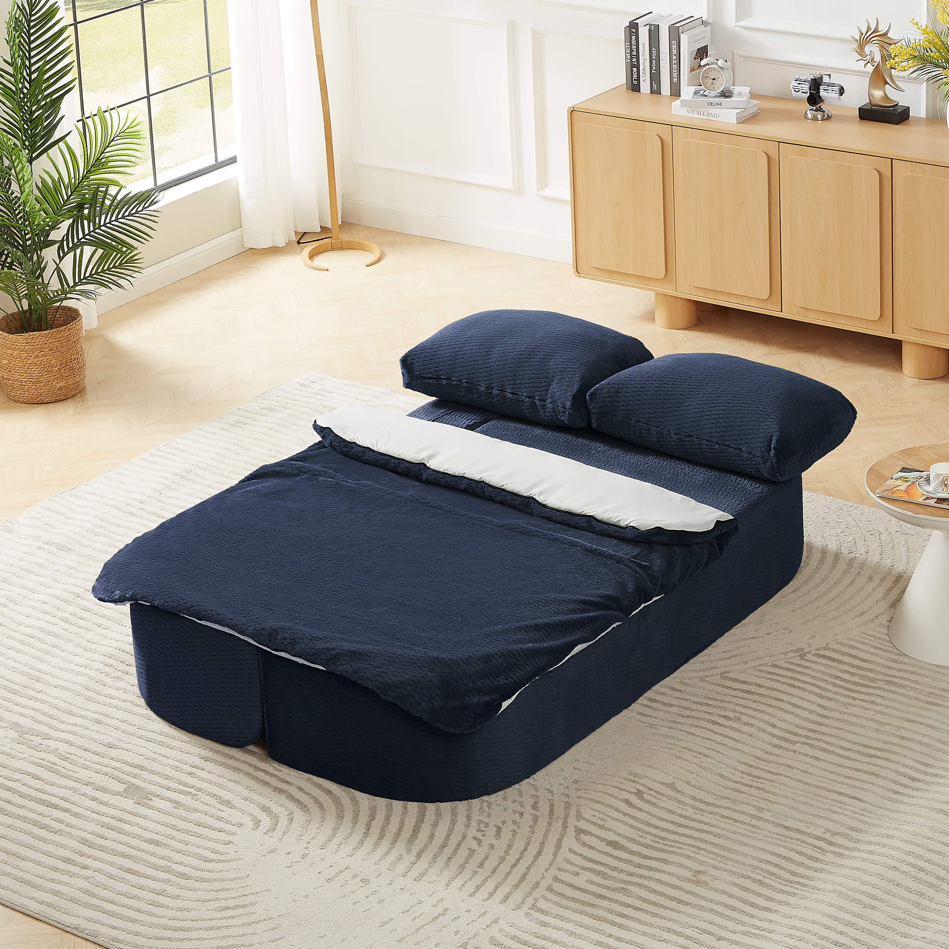 Aukfa Full Size 2-in-1 Convertible Sofa Bed – Pull-Out Futon with Blanket, Space-Saving Sofa for Living Room/Guest Room, No Assembly,Blue