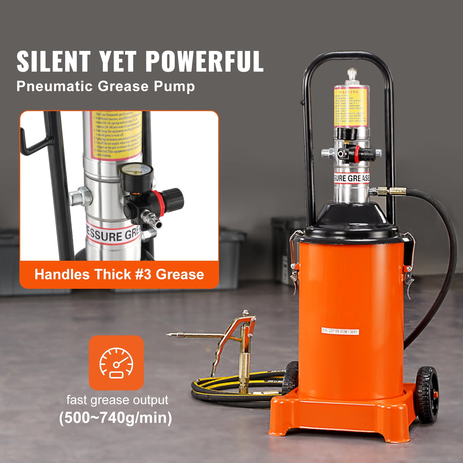 KFFKFF Lubrication Pump, 3 Gallon 12L, Pneumatic Grease Pump with 13 ft Pressure Hose and Grease Gun, Air Powered Grease Drum Pump with Wheels, Mobile Grease Pump with 50:1 Pressure Ratio