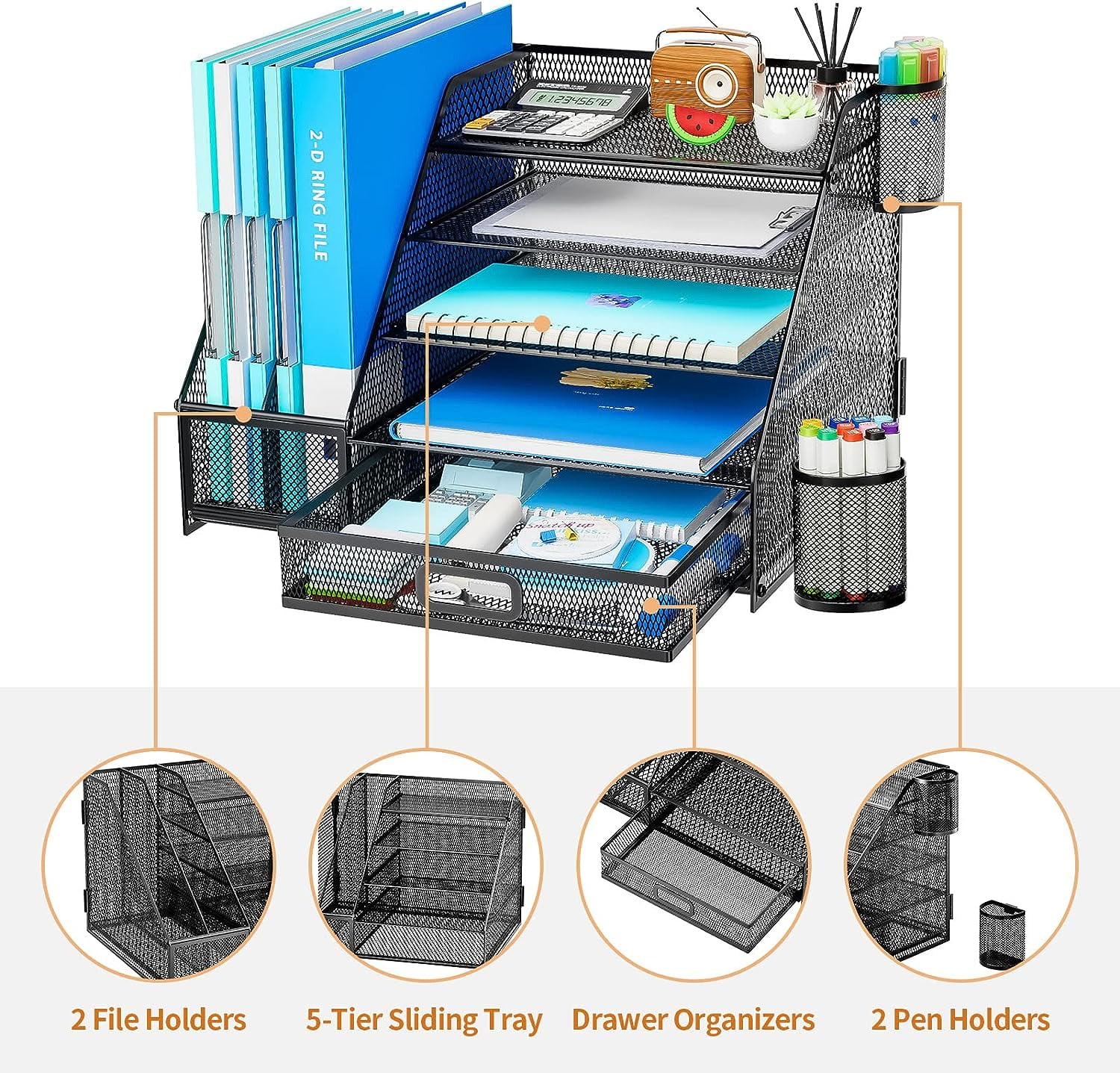 Marbrasse Desk Organizer with File Holder, 5-Tier Paper Letter Tray Organizer with Drawer and 2 Pen Holder, Mesh Desk Organizers and Accessories