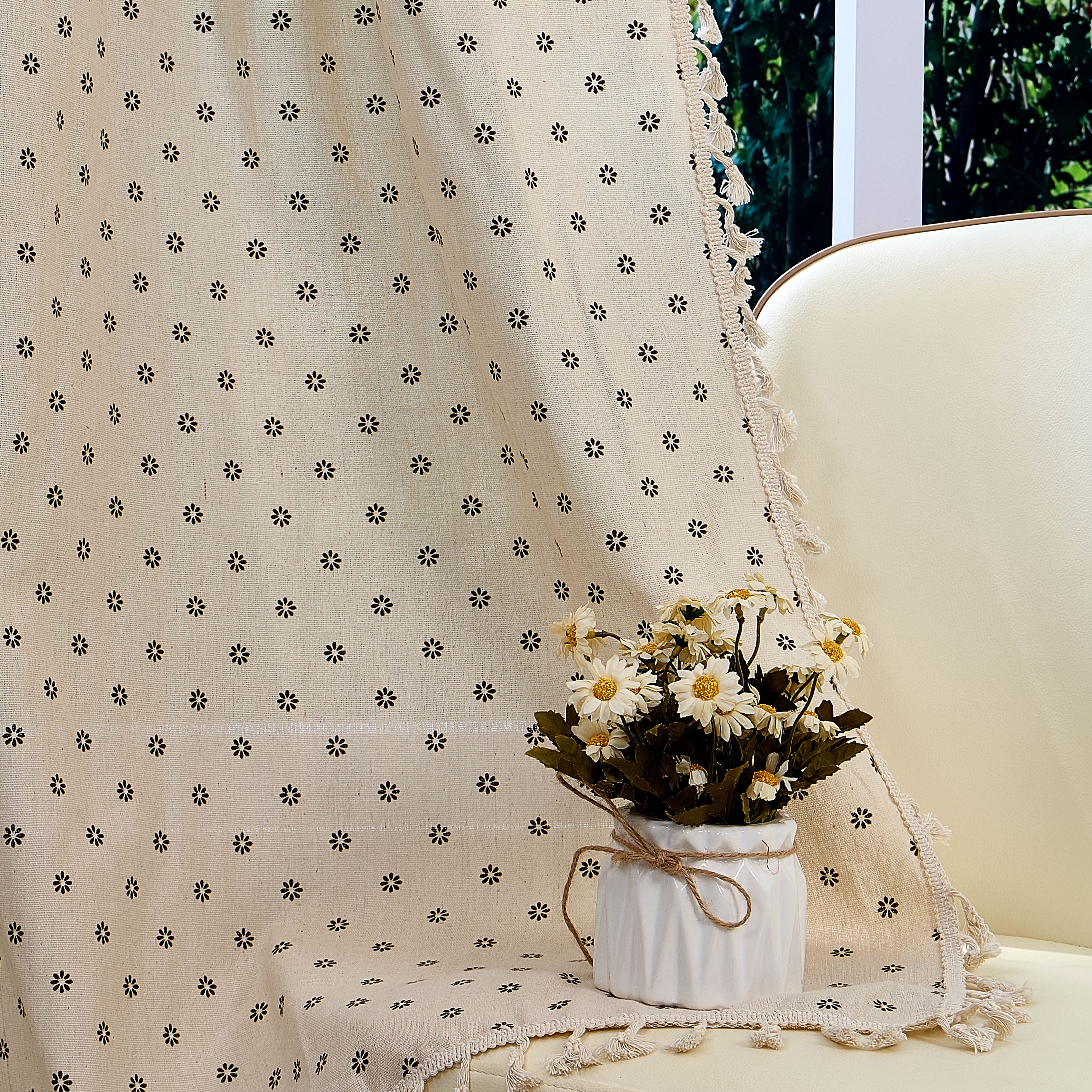 Lfeey Linen Blend Curtain Daisy Floral 96 Inches Long, Rod Pocket Curtains for Living Room, 2 Panels
