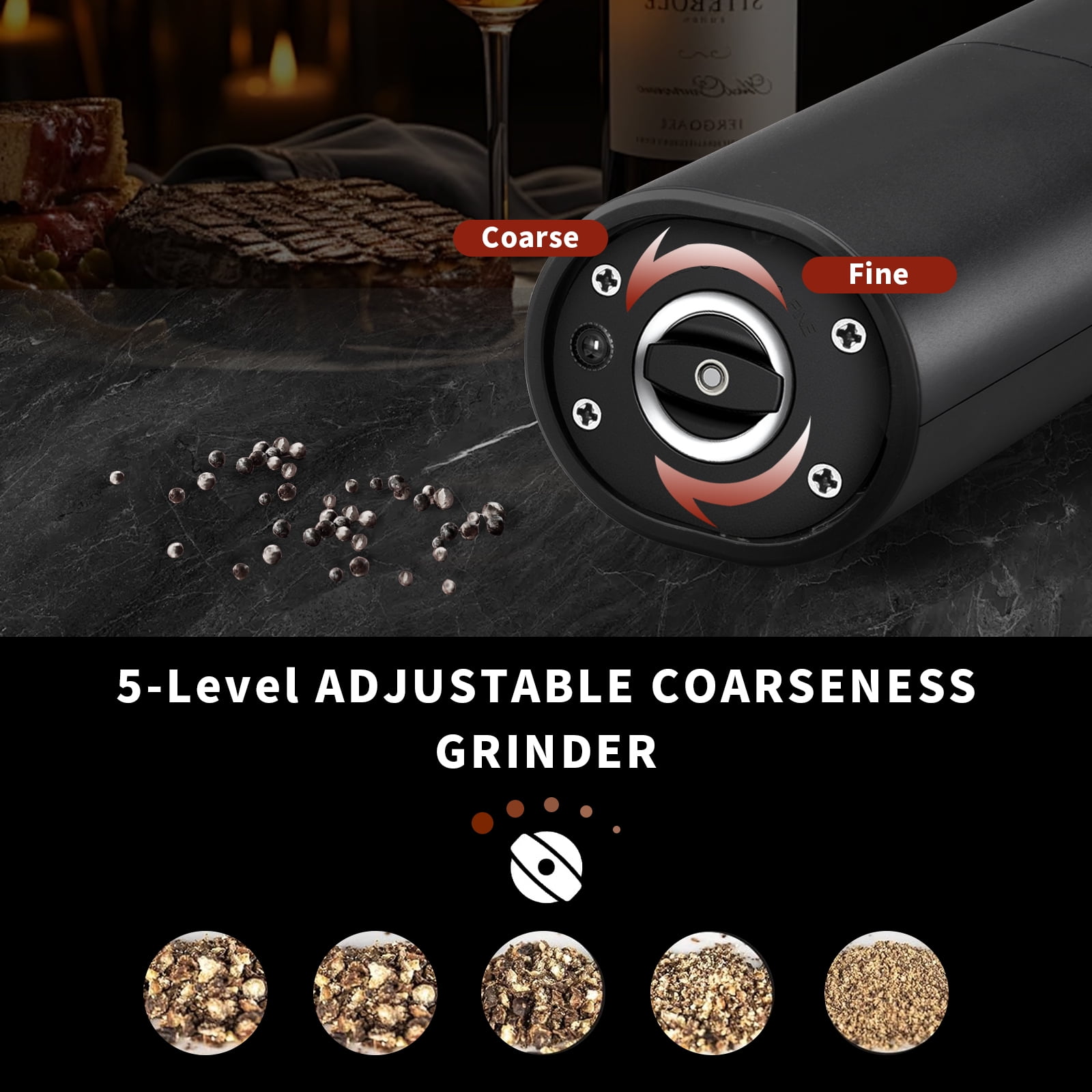 Electric Salt and Pepper Grinder Set - Rechargeable Automatic Salt and Pepper Shakers, Kitchen Appliances with External Adjustable Coarseness, Larger Hopper for Cooking, Home Gifts