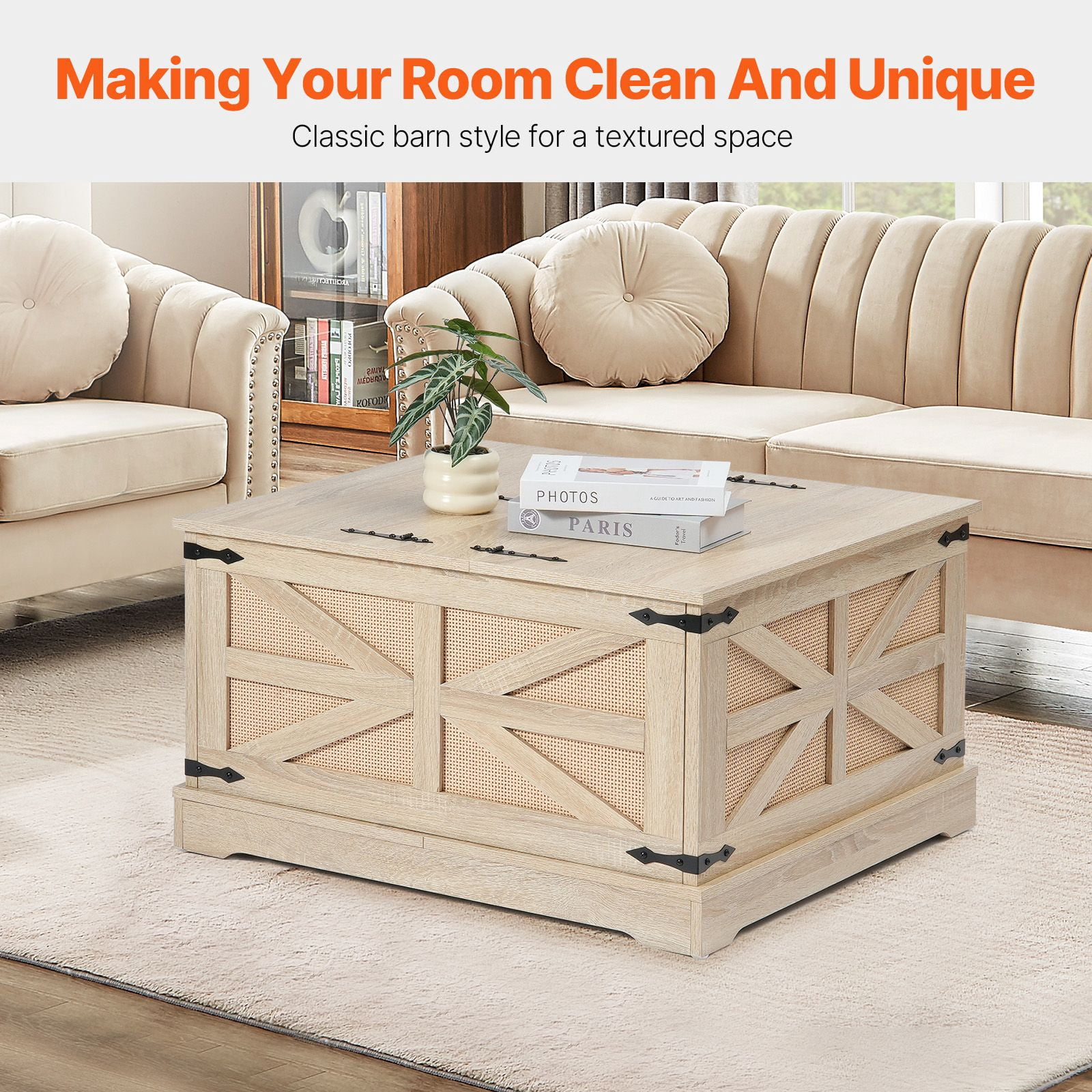 Rattan Coffee Table, 32-Inch Rectangle PE Rattan Woven Storage Table with MDF Top and Dual Lift-Top Design for Living Room, Bedroom and Small Spaces
