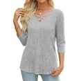 thumbnail image 3 of BiZtdJrK 3/4 Sleeve Tops for Women Ribbed Knit Fall Sweaters Dressy Crossover V Neck Pullover Blouse Going Out Tunic, Gray, L, 3 of 8