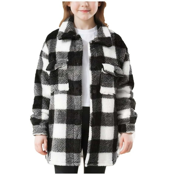 Girls Cute Fuzzy Fleece Shacket Long Sleeve Plaid Lapel Shirt Jacket Casual Loose Winter Warm Soft Coat with Pockets 4-15 Years