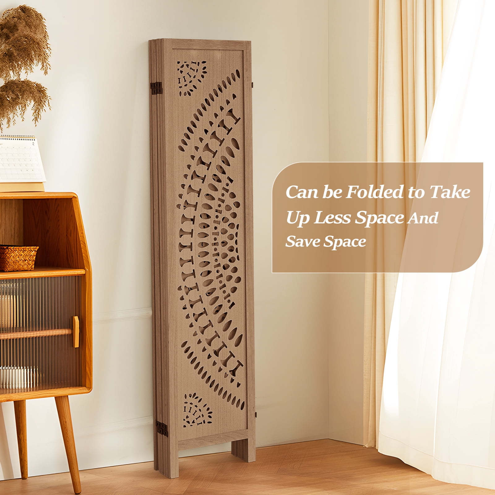 Aletheiawu 6 Panel Wood Carved Room Dividers and Folding Privace Screens, No Installation, Brown