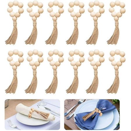 

Napkin Rings Set of 12 Handmade Wood Bead Napkin Holder Ring with Rope Tassel Tabletop Decor for Dinning Table Setting Party Wedding Family Gatherings