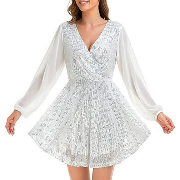 Women's Sequin Loose Fitting Dress Party Long Sleeved Casual Loose Mini Short Dress plus Size Wedding Guest Outfits for Women Metallic Formal Dresses for Women Full Length Dress Long Formal Christmas