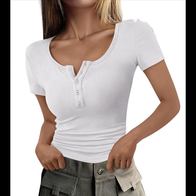 Blusa Informal Básica de Corta con Cuello Henley Acanalado y Botones para Mujer, y Verano XL