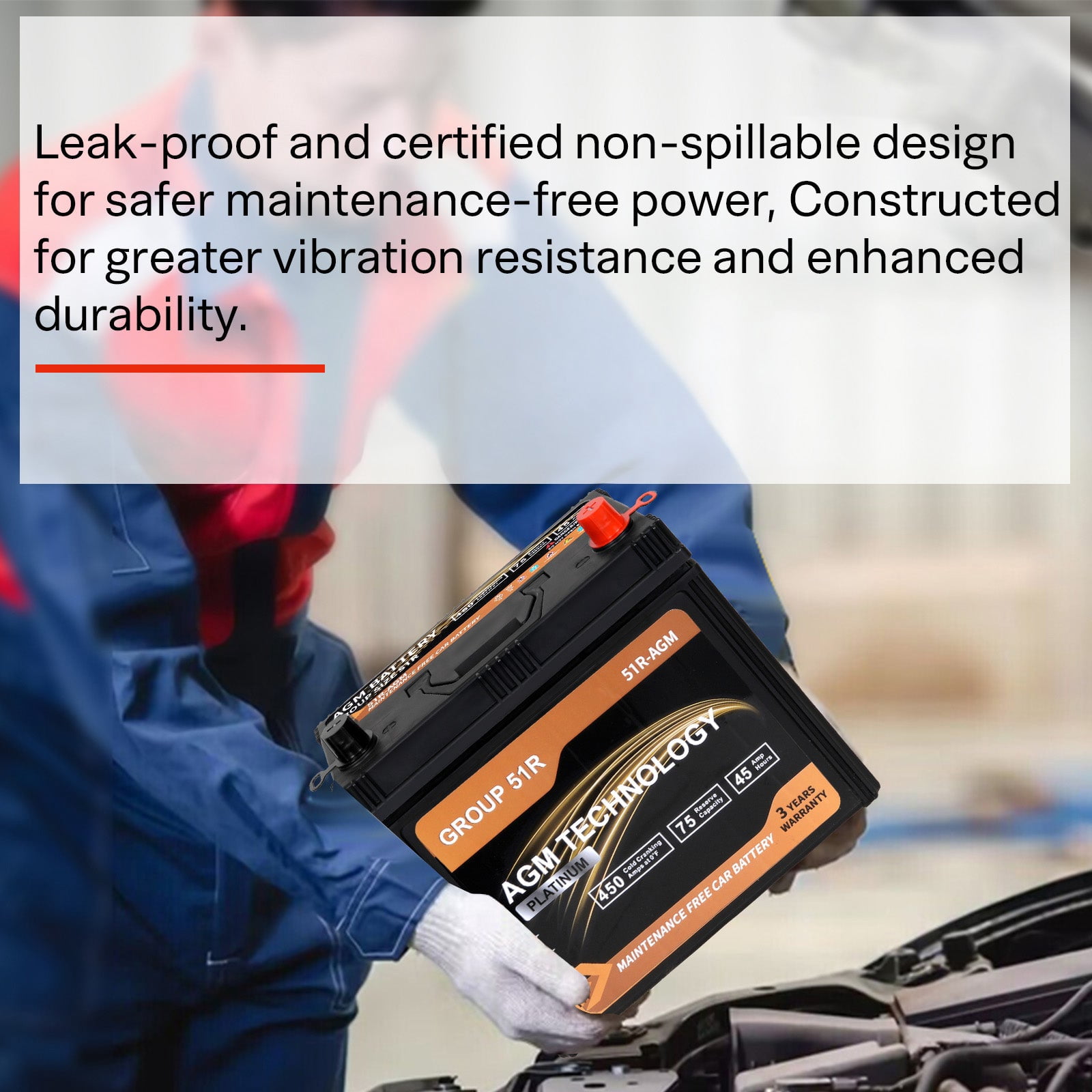 1AUTODEPOT Car AGM Battery Group Size 51R 12V 45Ah 450CCA 75RC Platinum Start Stop Automotive SLA Batteries Maintenance Free Rechargeable