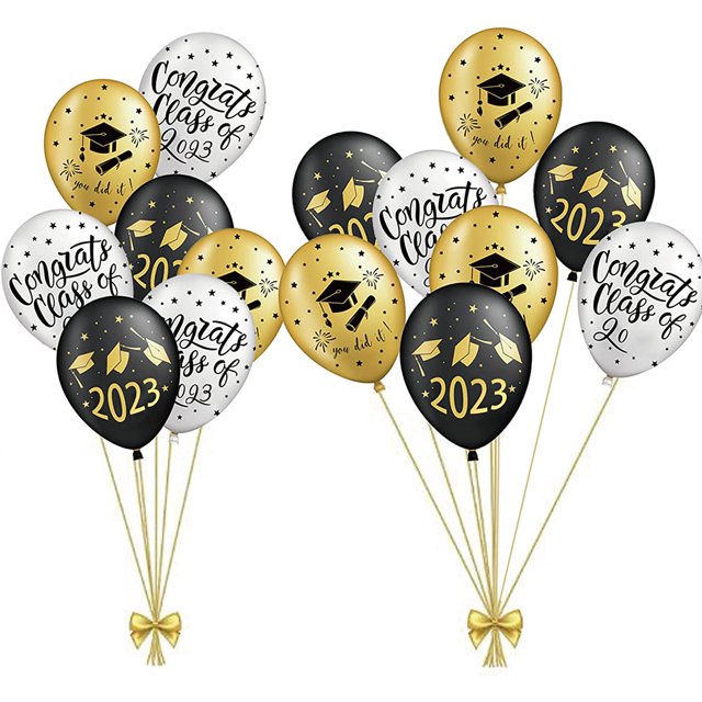 Globo de graduación 2023, juego de globos de 15 piezas, decoración de graduación de oro negro, decoración de globos de látex impresos para ceremonia, fiesta universitaria