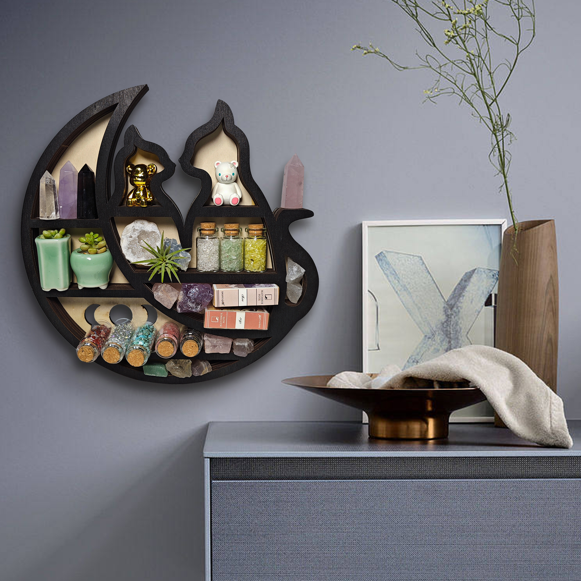 FNYDOX Wall Shelf, Cats on the Moon Crystal Display Shelf, Cute Knick Knack Shelf Wooden Gothic Floating Shelf Stone Storage Holder Organizer Aesthetic Home Wall Decor Gifts