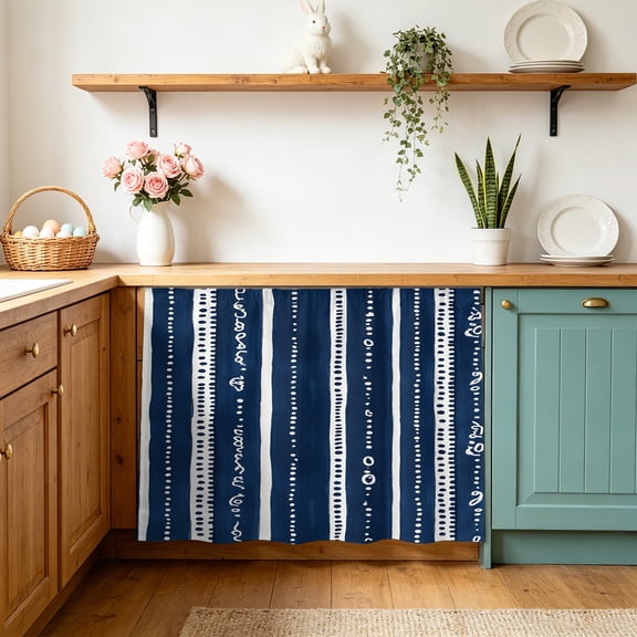 Navy Blue Boho Small Sink Skirt 10"Wx11"L,Dustproof Under Sink Curtain with Self Adhesive Tape,Geometric Vertical Stripes Modern Art Cabinet Curtain Cover for Bathroom Vanity,Kitchen Storage Shelf,RV