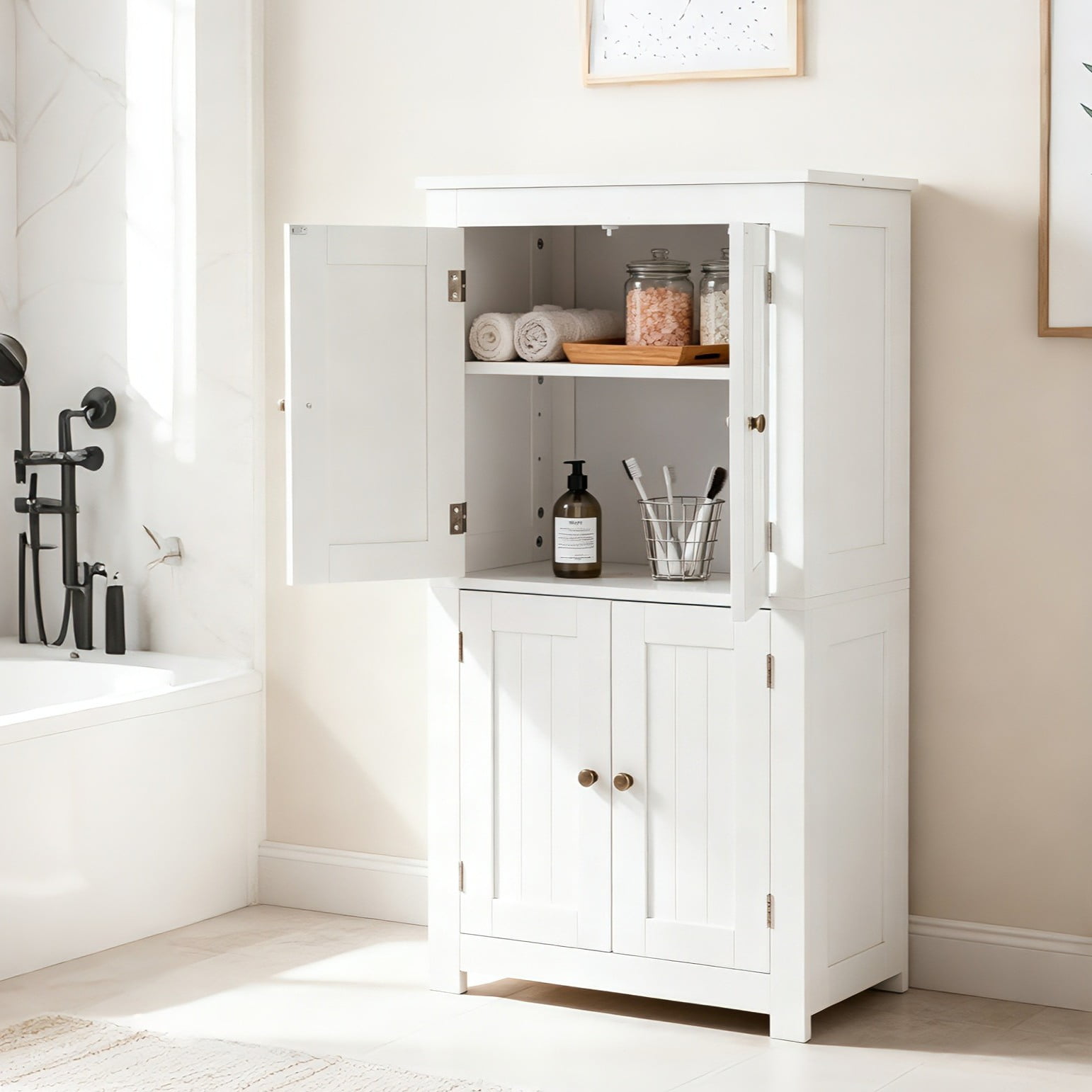 Ktaxon Bathroom Floor Storage Cabinet, Freestanding Cabinet with 4 Doors, Adjustable Shelves, White