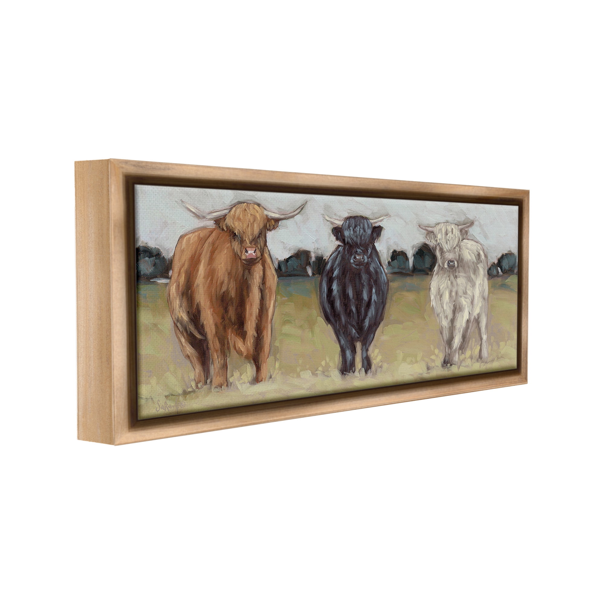 Stupell Industries Cattle Trio in Pasture Animals & Insects Painting Brown Floater Framed Canvas Art Print Wall Art, 25 x 11