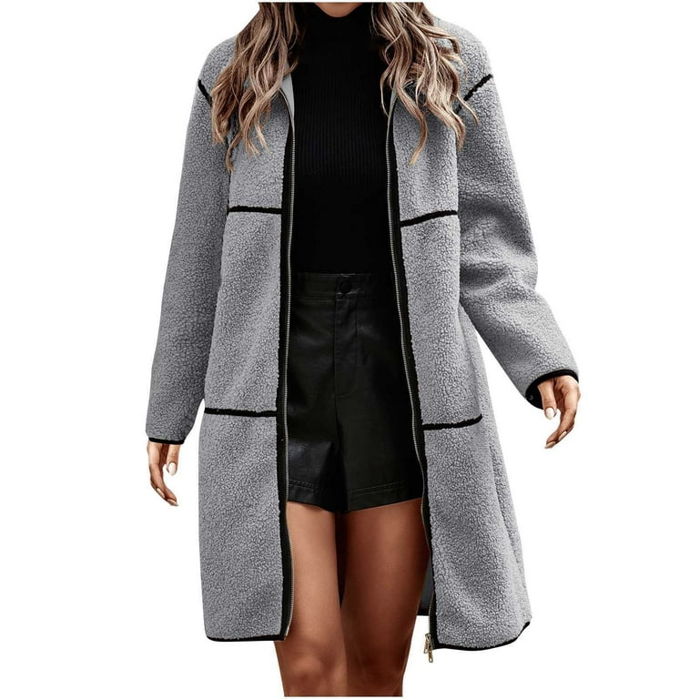Allowith winter coats,jackets for women,womens fall fashion  2022,Gray,Ladies Autumn And Winter Long-sleeved Stitching Plush Zipper Long  Top Coat 