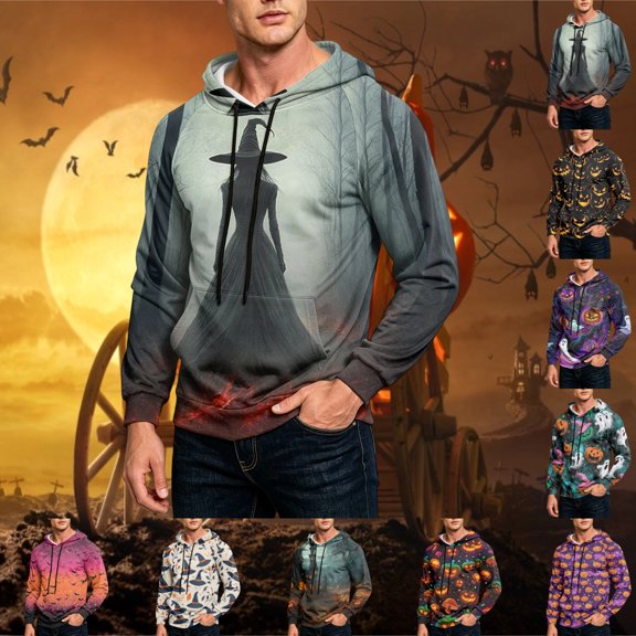 GrmtClth Sweatshirts for Men Halloween Dark Base Pumpkin Ghost Bat Witch Print Daily Streetwear Hooded Sweatshirt Gray S