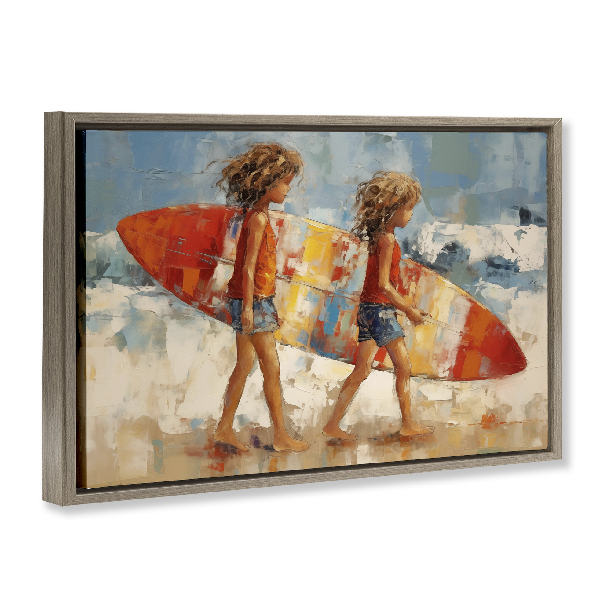 Stupell Industries Kids with Surfboard Sports Painting Brown Floater Framed Canvas Art Print Wall Art, 31 x 21