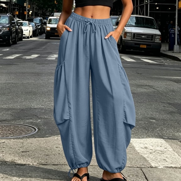 QSAWXQZ Women's Jogger Pants Drawstring Elastic Waist Loose Tapered Leg Trousers with Pockets Adjustable Hem Bottoms M