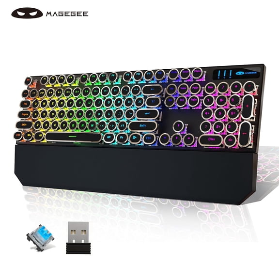 MageGee tri-mode BT5.0/2.4G/Type-C Typewriter Mechanical Gaming Keyboard Retro Punk Round Keycaps with RGB Rainbow Backlit Round key cap