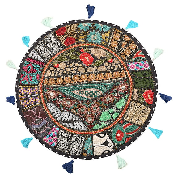 Stylo Culture Ethnic Pillow Seats For Floor Vintage Patchwork Boho Cushion Cover Round Black Big Pillow For Living Room 22" Decorative Decor Tuffet Seat Pouf Cover Footstool Cotton Embroidered 1 Pc