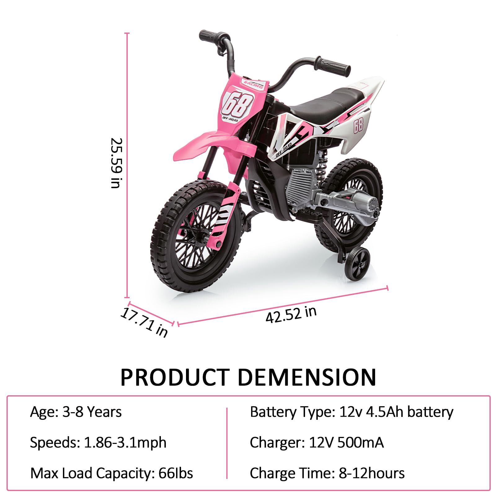 Garvee 12V Kids Electric Dirt Bike with Training Wheels, Twist Grip Throttle, 3mph Max Speed, Music, Ride-On Motorcycle for Boys and Girls