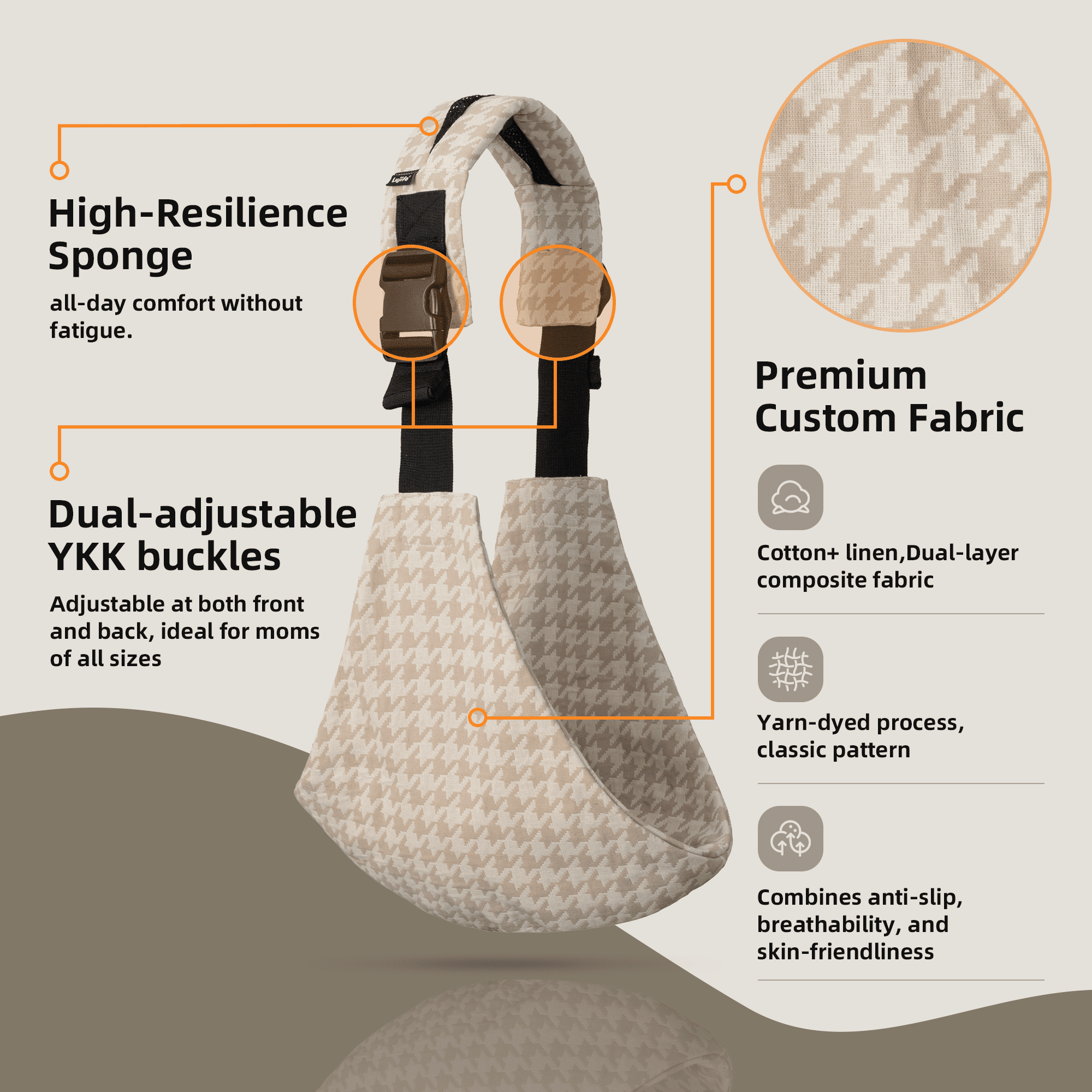 Lujifo Ergonomic Baby Sling, Khaki Houndstooth Toddler Side Carrier