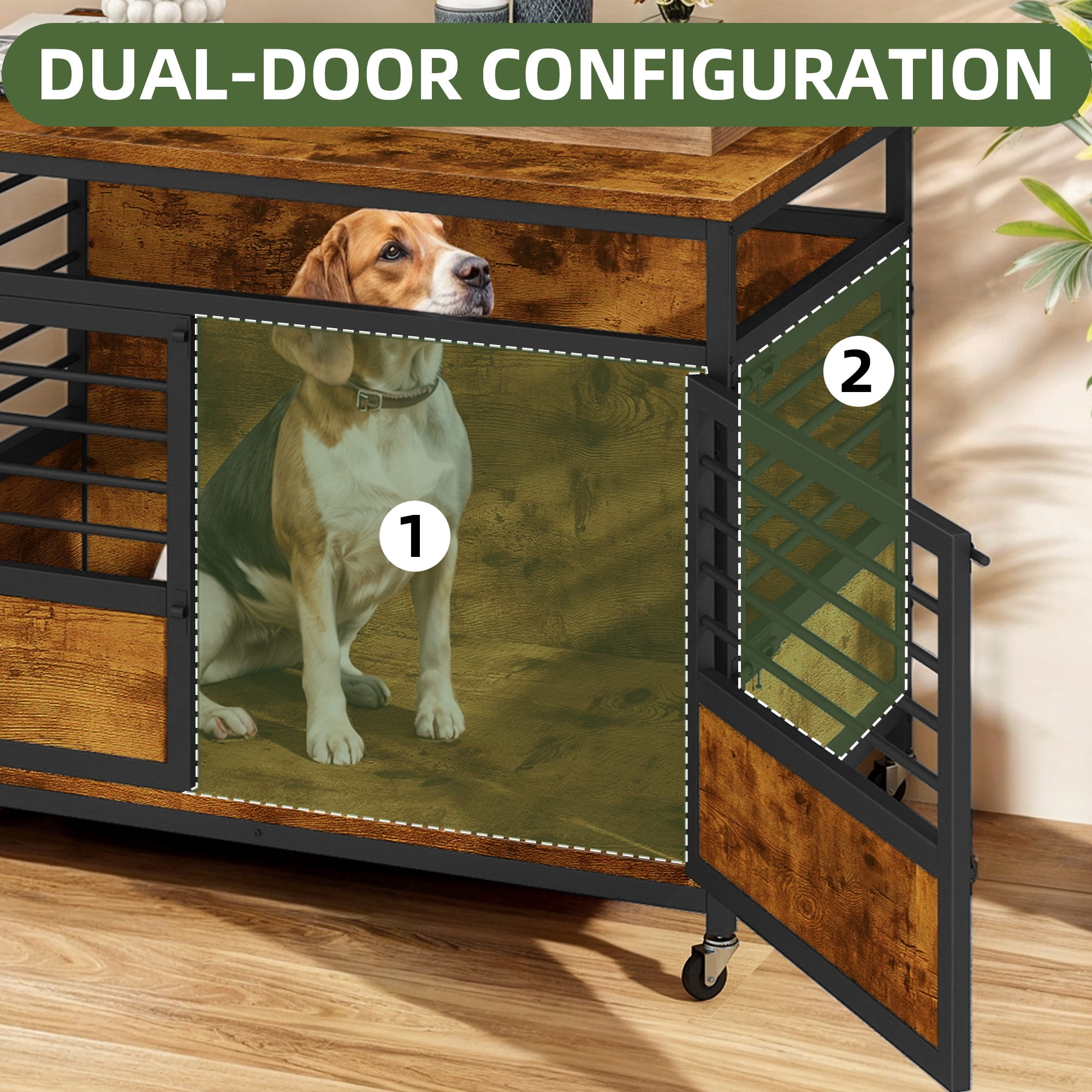 Uforic 2-in-1 Dog Crate Furniture with Wheels, 39.4" Wooden Dog Kennel,End Table, Rustic Brown